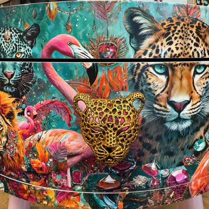 Jewel Leopard - Light Pink and Gold flamingo and leopard beside table, teal cheetah jewel design nightstand with gold , colourful home decor round end table