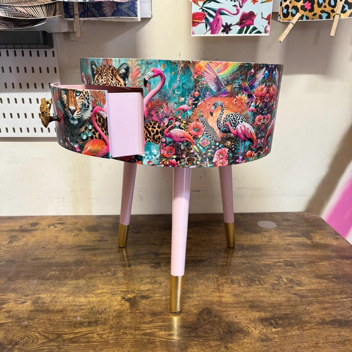 Jewel Leopard - Light Pink and Gold flamingo and leopard beside table, teal cheetah jewel design nightstand with gold , colourful home decor round end table