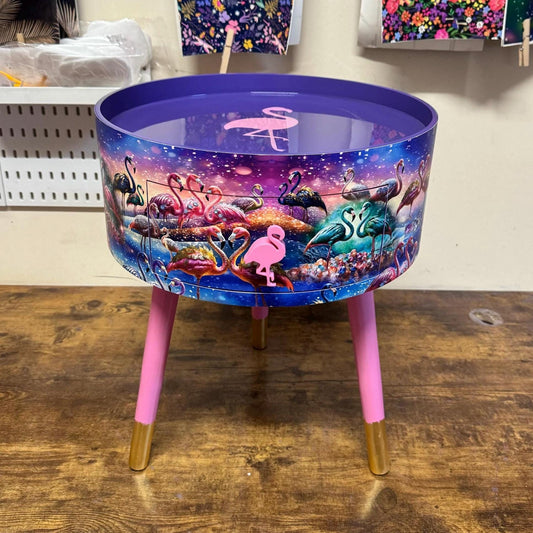 Flamingo - Pink and purple side table, tropical dreamy design nightstand. Ideal bedside table or end table. Purple with gold tips