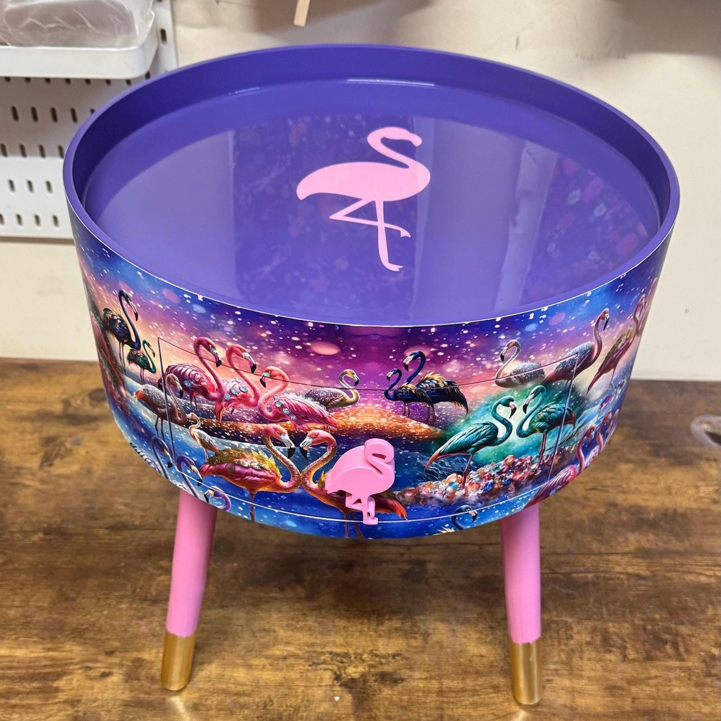 Flamingo - Pink and purple side table, tropical dreamy design nightstand. Ideal bedside table or end table. Purple with gold tips