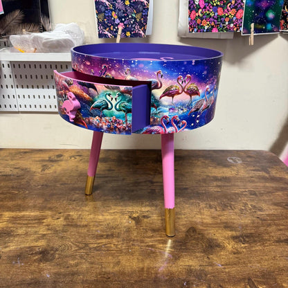 Flamingo - Pink and purple side table, tropical dreamy design nightstand. Ideal bedside table or end table. Purple with gold tips