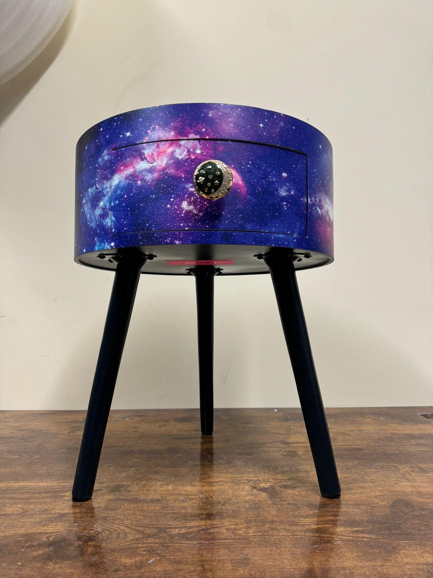 Galaxy beside table, Blue, black and purple space design, Galaxy top,spaceman, moon and stars,  colourful home decor round end table
