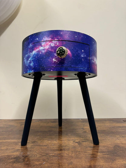 Galaxy beside table, Blue, black and purple space design, Galaxy top,spaceman, moon and stars,  colourful home decor round end table