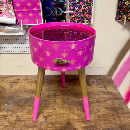 Art deco - Hot Pink gold bees round bedside table. Fun Bright Home Decor . Ideal for Nightstand side table. Fuscia glitter top, gold legs