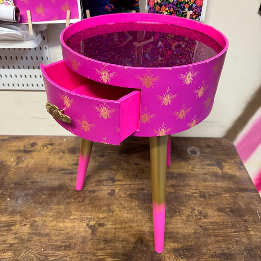 Art deco - Hot Pink gold bees round bedside table. Fun Bright Home Decor . Ideal for Nightstand side table. Fuscia glitter top, gold legs