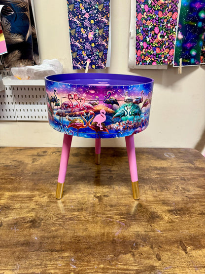 Flamingo - Pink and purple side table, tropical dreamy design nightstand. Ideal bedside table or end table. Purple with gold tips
