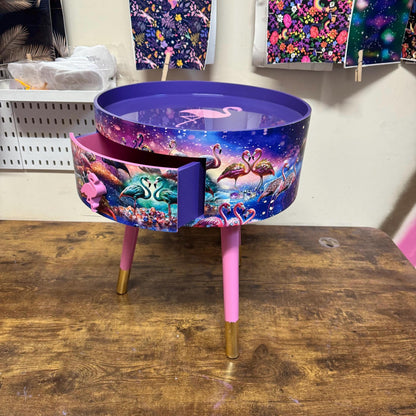 Flamingo - Pink and purple side table, tropical dreamy design nightstand. Ideal bedside table or end table. Purple with gold tips