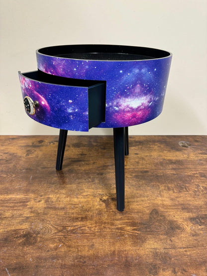 Galaxy beside table, Blue, black and purple space design, Galaxy top,spaceman, moon and stars,  colourful home decor round end table