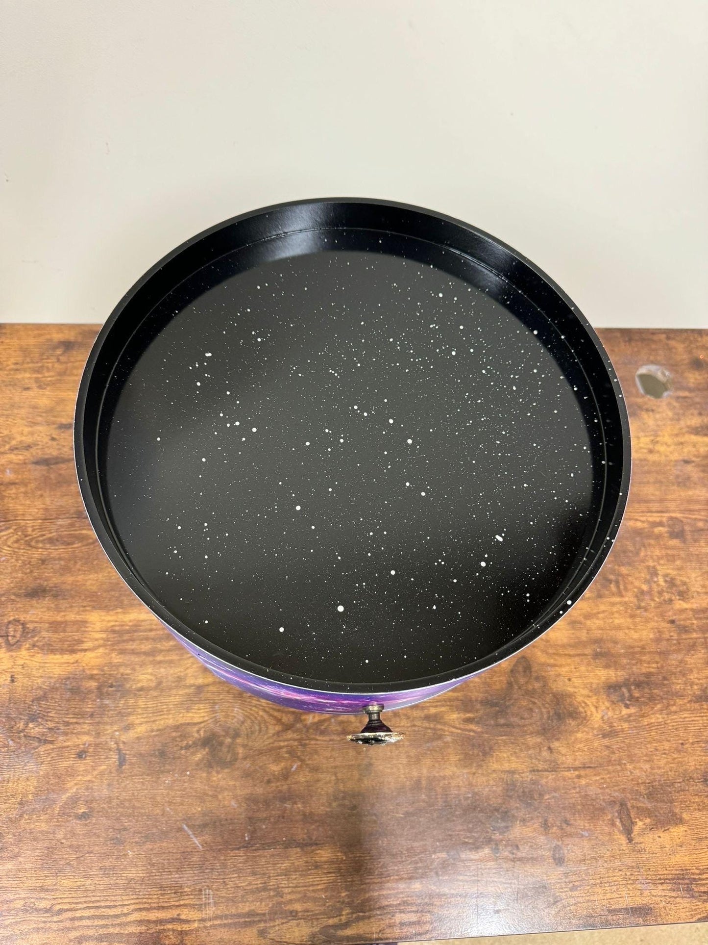 Galaxy beside table, Blue, black and purple space design, Galaxy top,spaceman, moon and stars,  colourful home decor round end table