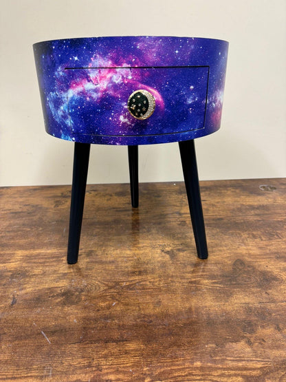 Galaxy beside table, Blue, black and purple space design, Galaxy top,spaceman, moon and stars,  colourful home decor round end table