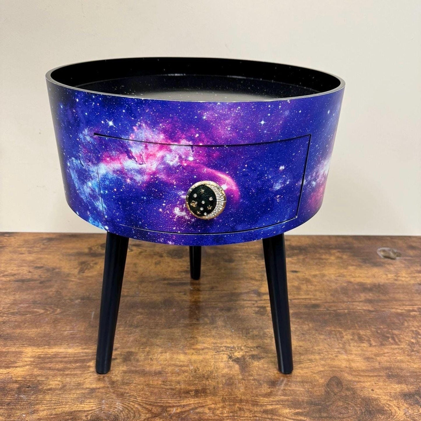 Galaxy beside table, Blue, black and purple space design, Galaxy top,spaceman, moon and stars,  colourful home decor round end table