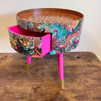 Jewel Leopard - Hot Pink flamingo and leopard beside table, tiger top, teal cheetah jewel design nightstand with gold , colourful home decor round end table
