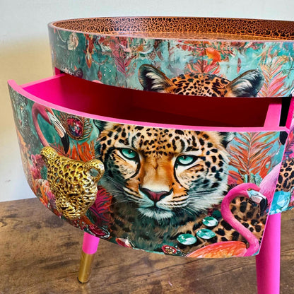 Jewel Leopard - Hot Pink flamingo and leopard beside table, tiger top, teal cheetah jewel design nightstand with gold , colourful home decor round end table