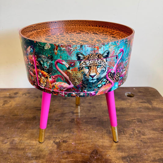 Jewel Leopard - Hot Pink flamingo and leopard beside table, tiger top, teal cheetah jewel design nightstand with gold , colourful home decor round end table