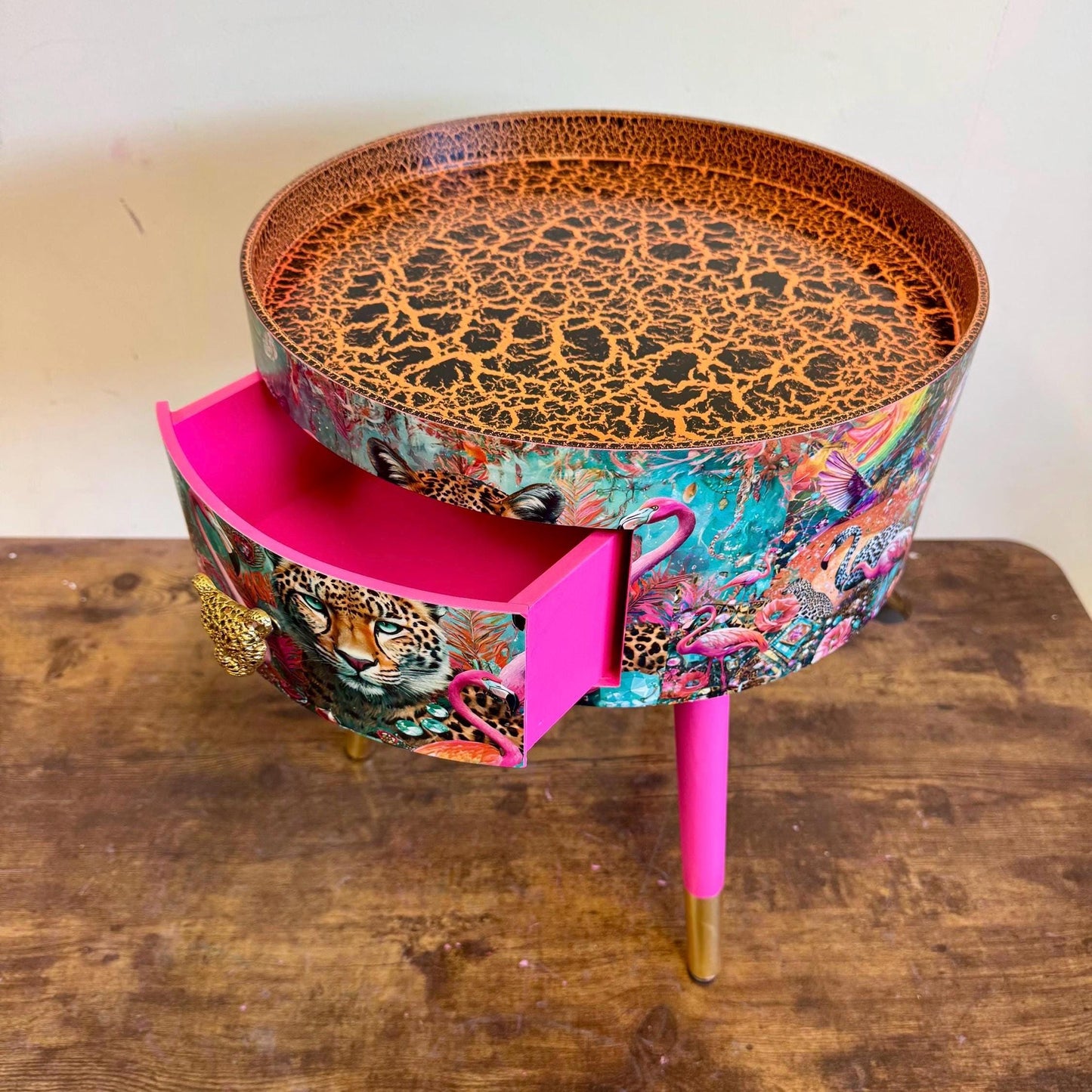 Jewel Leopard - Hot Pink flamingo and leopard beside table, tiger top, teal cheetah jewel design nightstand with gold , colourful home decor round end table