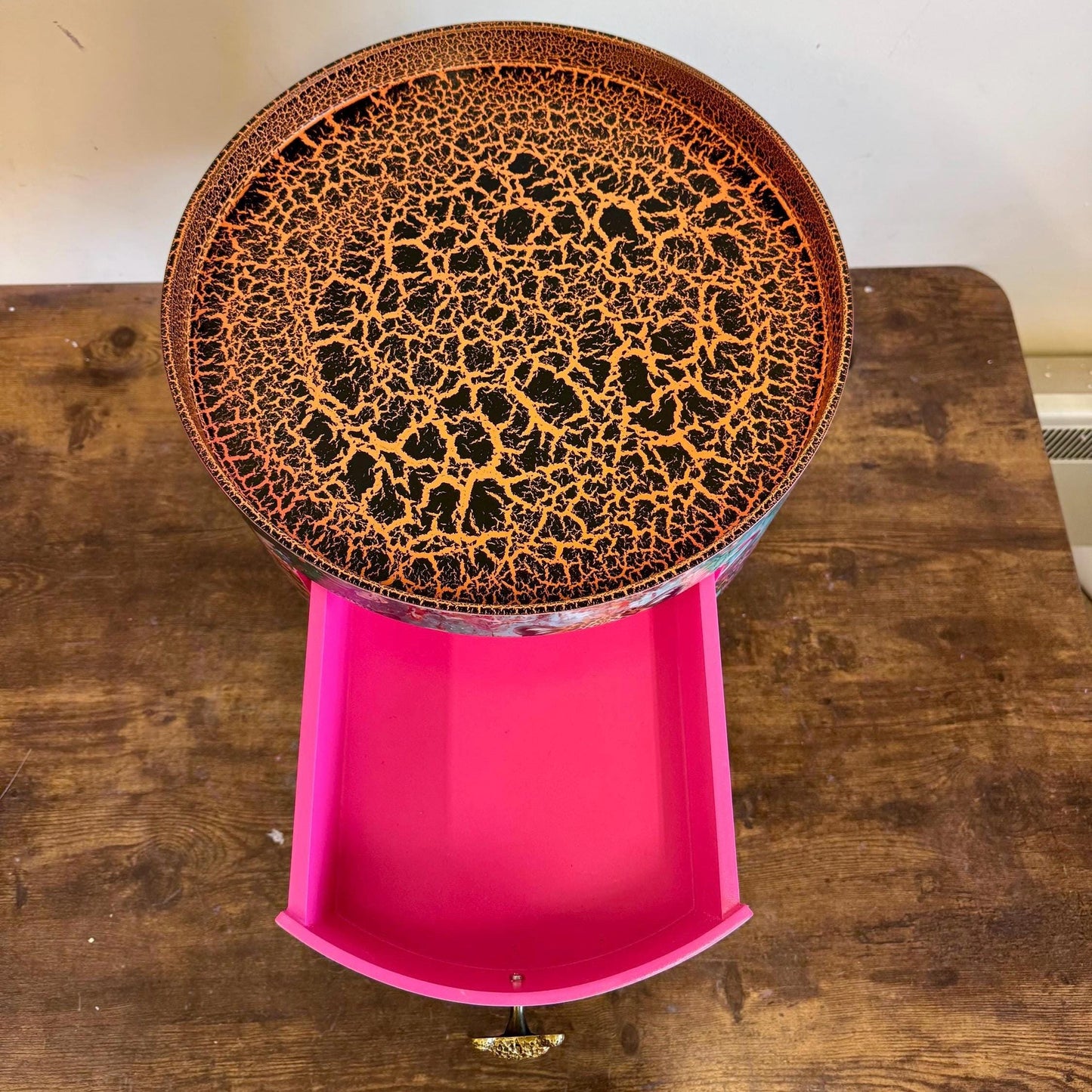 Jewel Leopard - Hot Pink flamingo and leopard beside table, tiger top, teal cheetah jewel design nightstand with gold , colourful home decor round end table