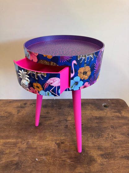 Flocking Fab - Navy Leopard and flamingo bedside table, teal pink and navy blue design nightstand, tropical design with hot pink blue legs , silver  end table
