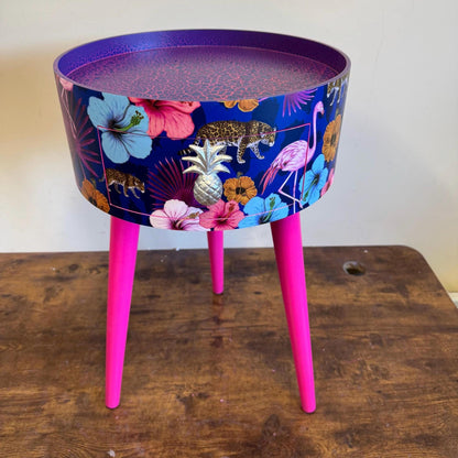 Flocking Fab - Navy Leopard and flamingo bedside table, teal pink and navy blue design nightstand, tropical design with hot pink blue legs , silver  end table