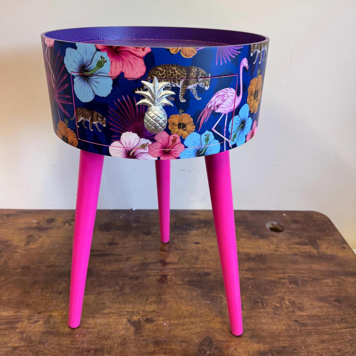 Flocking Fab - Navy Leopard and flamingo bedside table, teal pink and navy blue design nightstand, tropical design with hot pink blue legs , silver  end table
