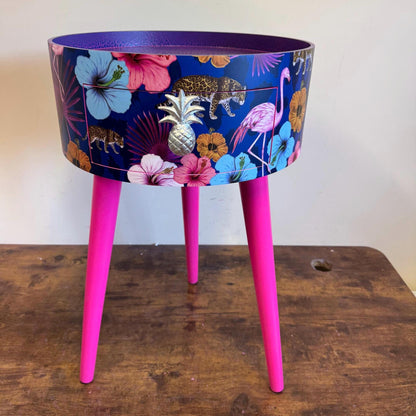 Flocking Fab - Navy Leopard and flamingo bedside table, teal pink and navy blue design nightstand, tropical design with hot pink blue legs , silver  end table
