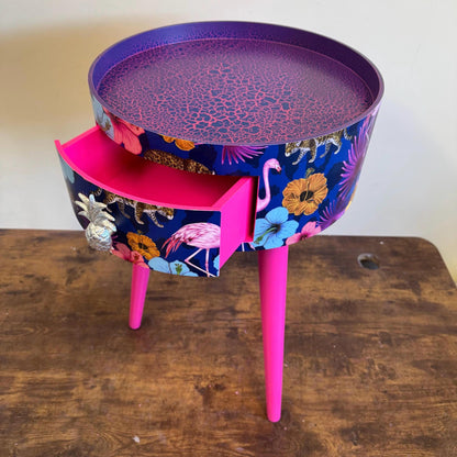 Flocking Fab - Navy Leopard and flamingo bedside table, teal pink and navy blue design nightstand, tropical design with hot pink blue legs , silver  end table