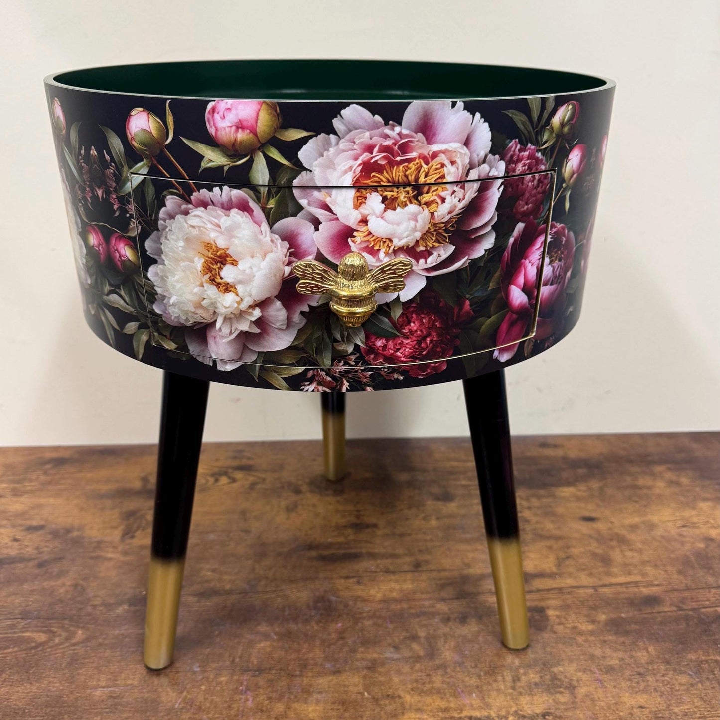 Baroque flowers - Round bedside table , black , green and gold nightstand with baroque floral design,  Moody Home Decor. Side table storage drawer.