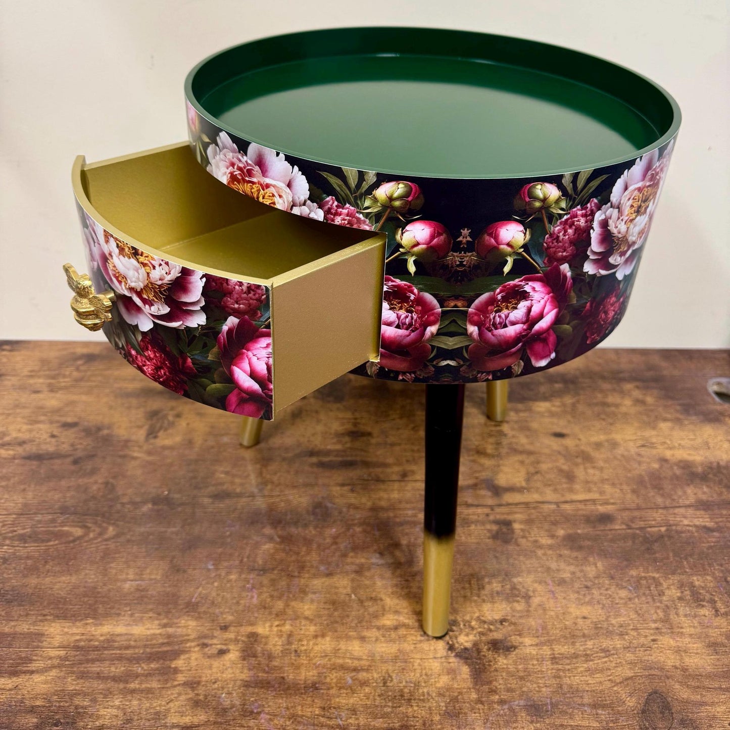 Baroque flowers - Round bedside table , black , green and gold nightstand with baroque floral design,  Moody Home Decor. Side table storage drawer.