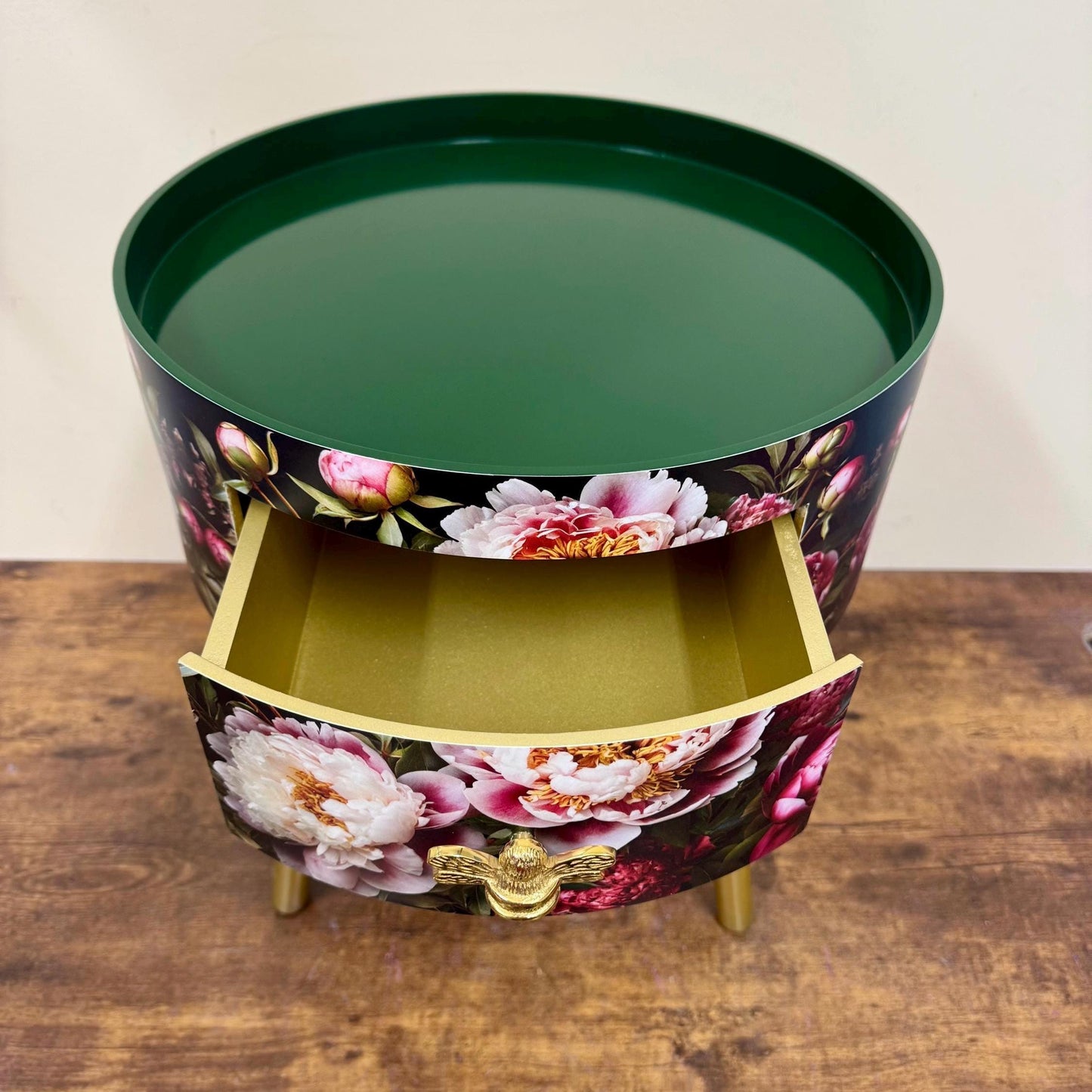 Baroque flowers - Round bedside table , black , green and gold nightstand with baroque floral design,  Moody Home Decor. Side table storage drawer.