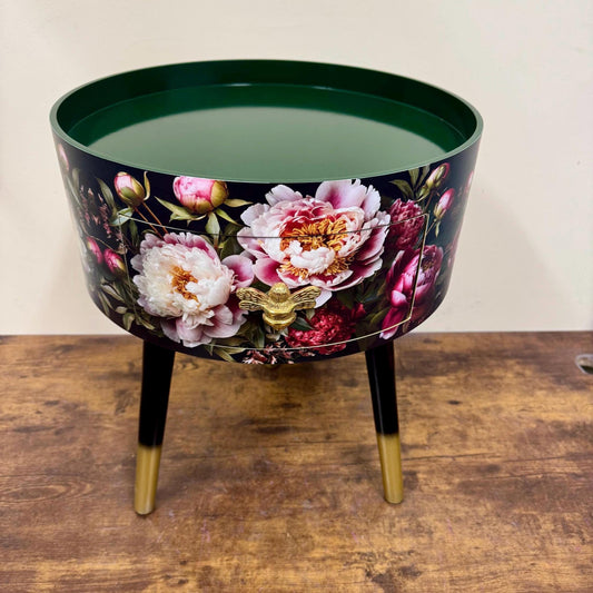 Baroque flowers - Round bedside table , black , green and gold nightstand with baroque floral design,  Moody Home Decor. Side table storage drawer.
