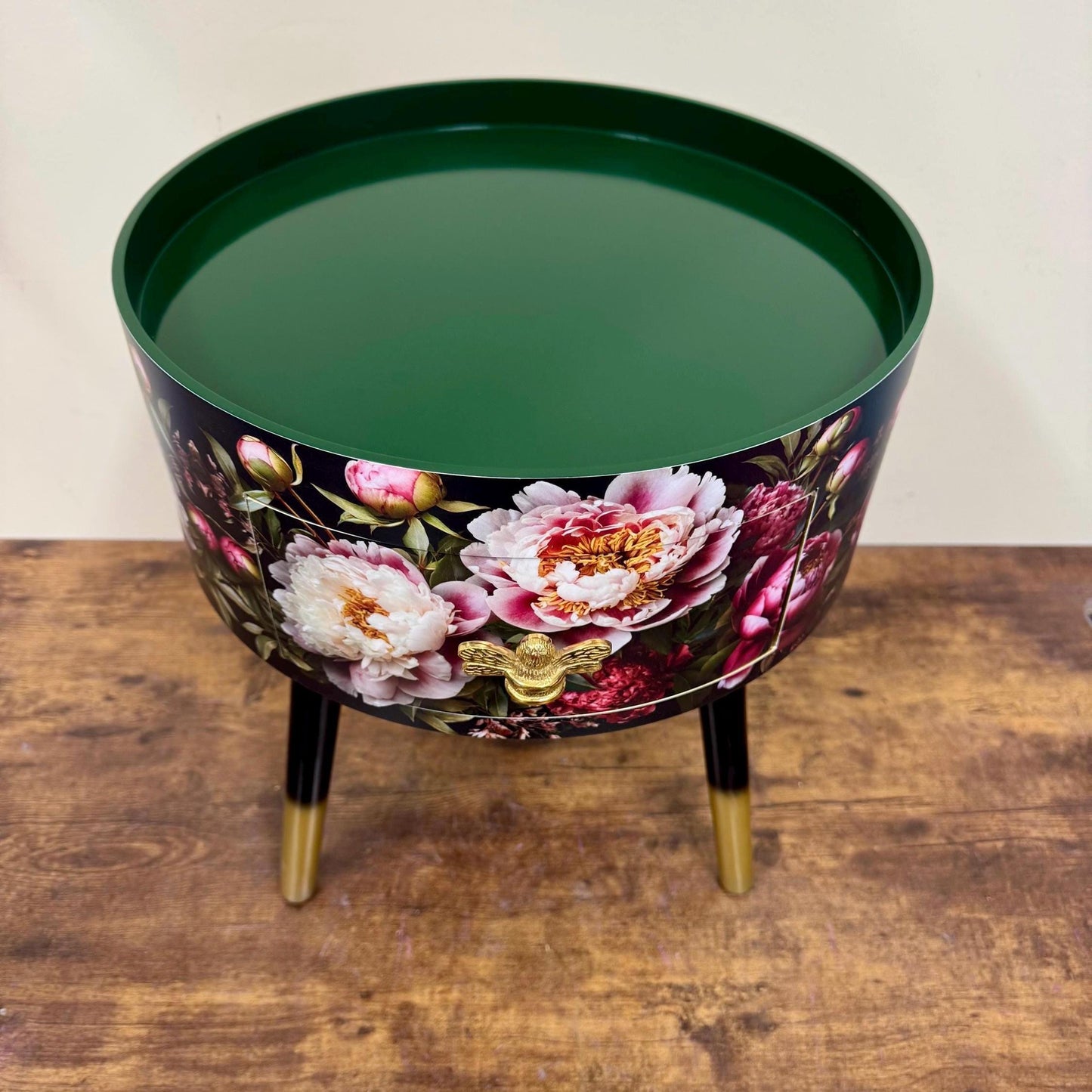 Baroque flowers - Round bedside table , black , green and gold nightstand with baroque floral design,  Moody Home Decor. Side table storage drawer.