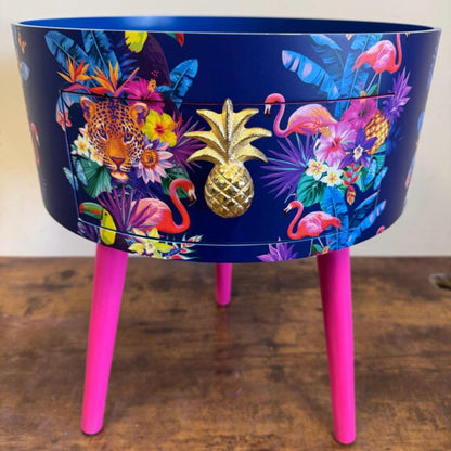 Colourful Jungle Panel - Navy and hot pink bedside table, pink navy blue leopard and flamingo design. Wooden cheetah side table with drawer. Quirky Nightstand bedroom