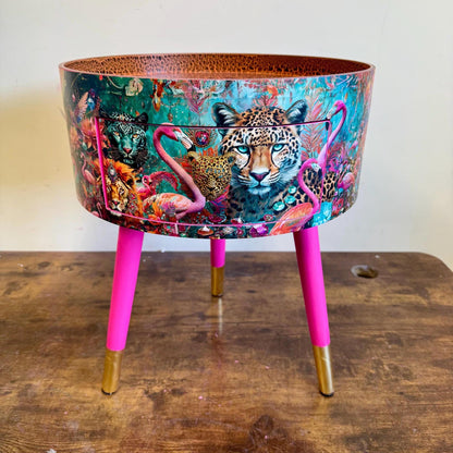 Jewel Leopard - Hot Pink flamingo and leopard beside table, tiger top, teal cheetah jewel design nightstand with gold , colourful home decor round end table