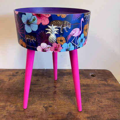 Flocking Fab - Navy Leopard and flamingo bedside table, teal pink and navy blue design nightstand, tropical design with hot pink blue legs , silver  end table
