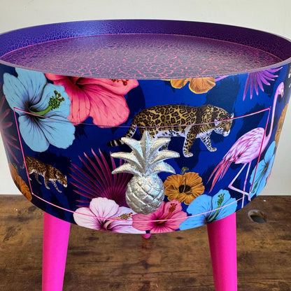 Flocking Fab - Navy Leopard and flamingo bedside table, teal pink and navy blue design nightstand, tropical design with hot pink blue legs , silver  end table