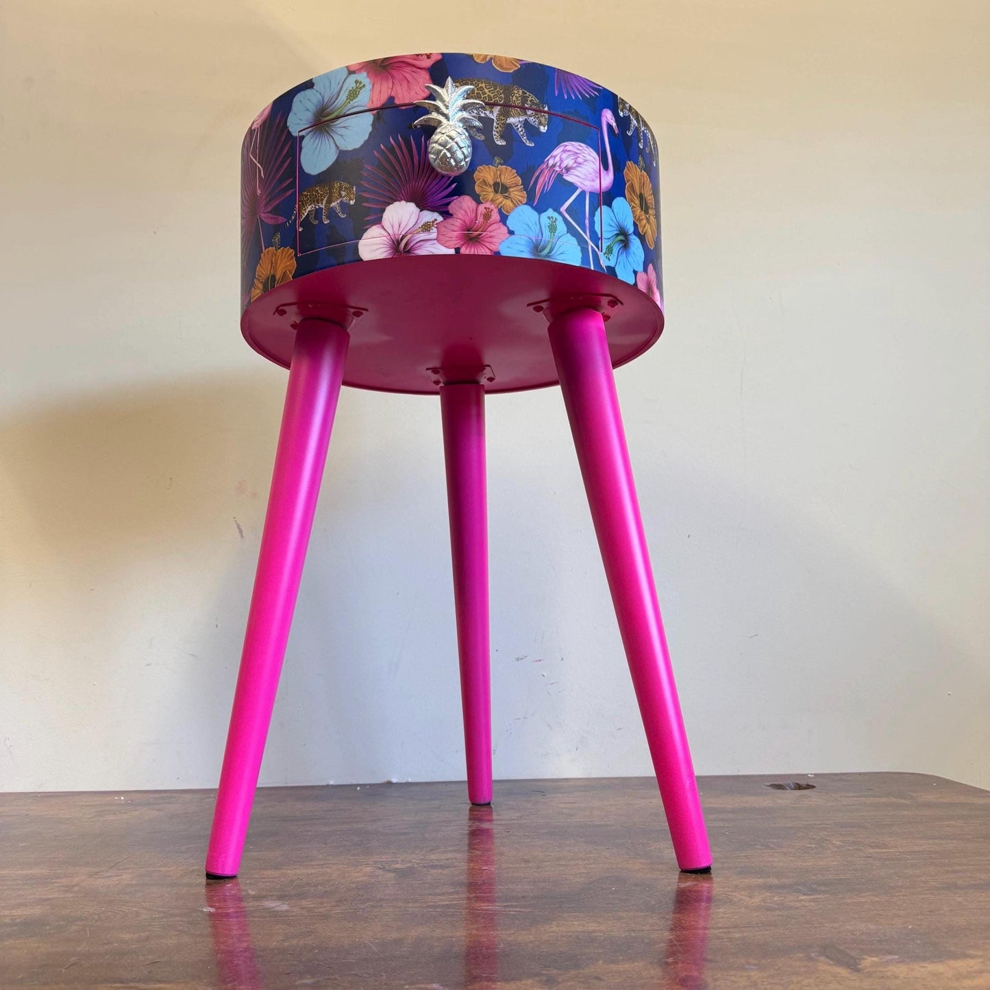 Flocking Fab - Navy Leopard and flamingo bedside table, teal pink and navy blue design nightstand, tropical design with hot pink blue legs , silver  end table