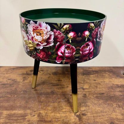 Baroque flowers - Round bedside table , black , green and gold nightstand with baroque floral design,  Moody Home Decor. Side table storage drawer.