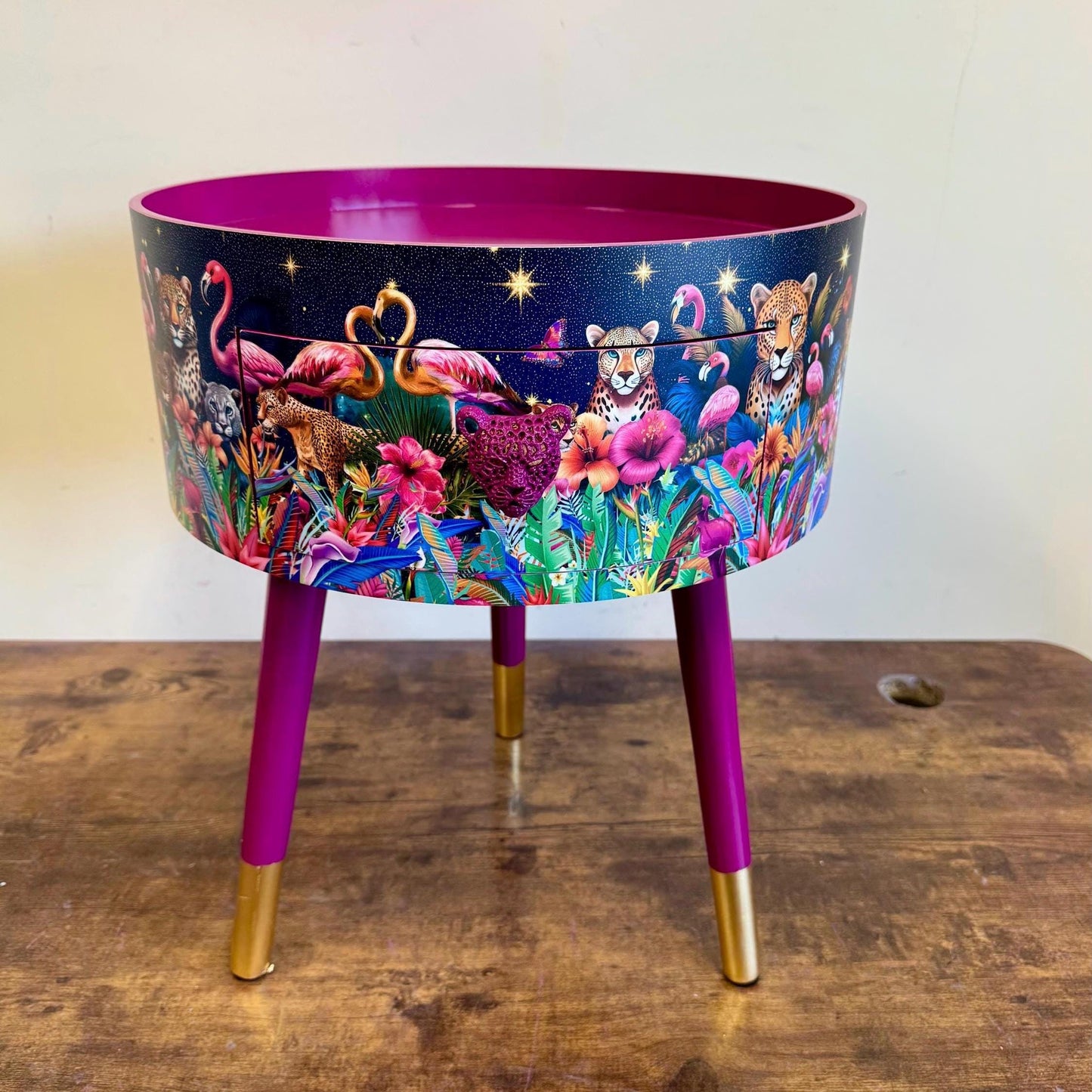 Rio Cheetah - Cherry blossom Pink flamingo and leopard dreamy table, celestial blue and gold design nightstand  , colourful home decor round end table