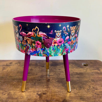 Rio Cheetah - Cherry blossom Pink flamingo and leopard dreamy table, celestial blue and gold design nightstand  , colourful home decor round end table