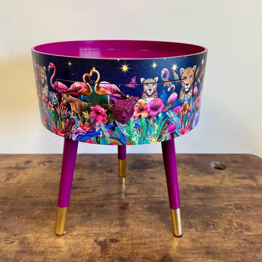 Rio Cheetah - Cherry blossom Pink flamingo and leopard dreamy table, celestial blue and gold design nightstand  , colourful home decor round end table