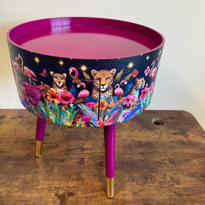Rio Cheetah - Cherry blossom Pink flamingo and leopard dreamy table, celestial blue and gold design nightstand  , colourful home decor round end table