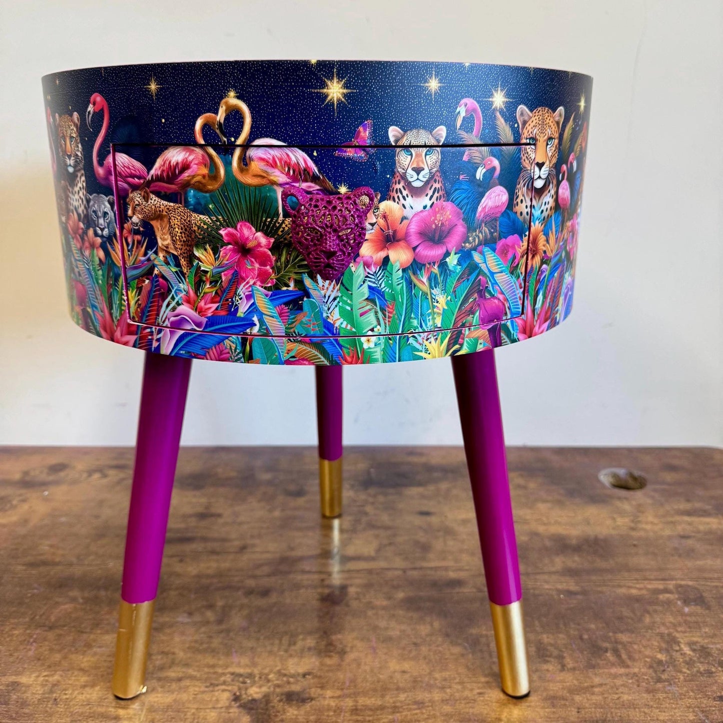 Rio Cheetah - Cherry blossom Pink flamingo and leopard dreamy table, celestial blue and gold design nightstand  , colourful home decor round end table