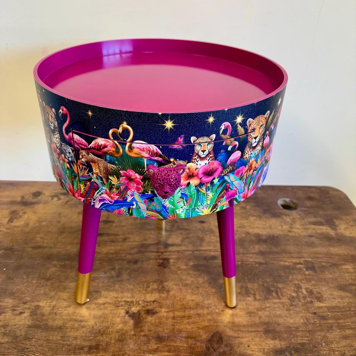 Rio Cheetah - Cherry blossom Pink flamingo and leopard dreamy table, celestial blue and gold design nightstand  , colourful home decor round end table