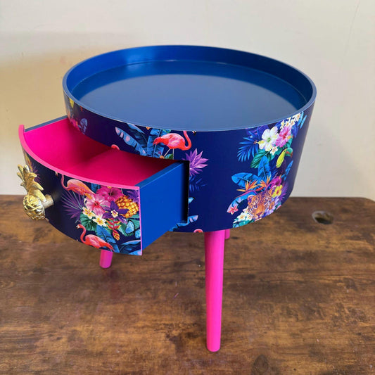 Colourful Jungle Panel - Navy and hot pink bedside table, pink navy blue leopard and flamingo design. Wooden cheetah side table with drawer. Quirky Nightstand bedroom