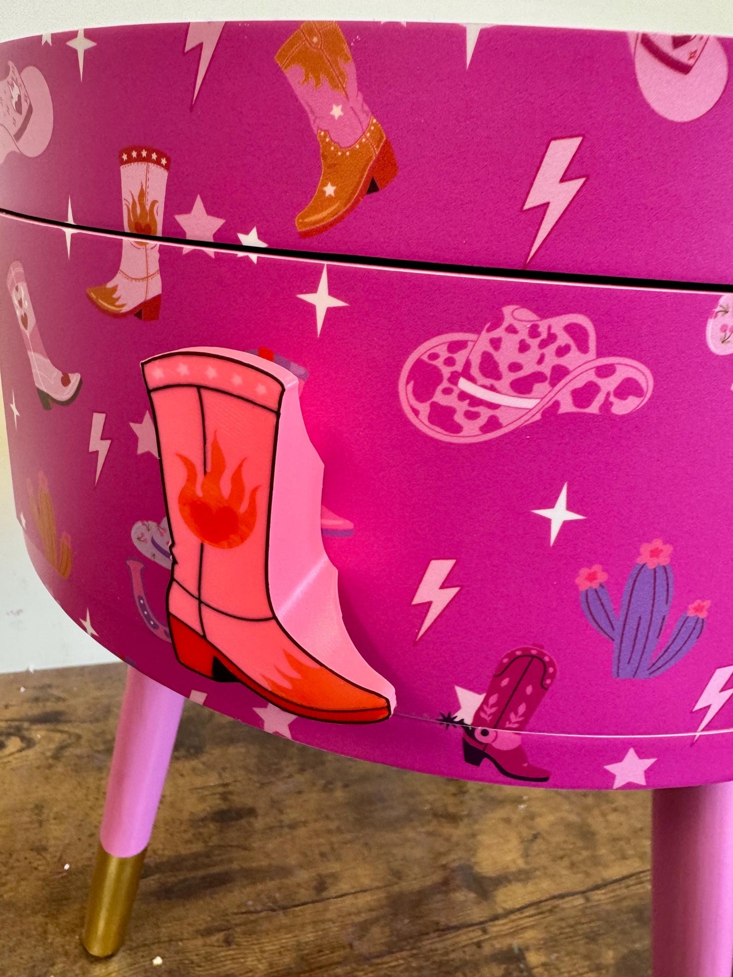 Hot Pink Pony Club Western round bedside table. Fun Bright Home Cowboy Decor . Ideal for Nightstand side table.  glitter top, cowboy boot
