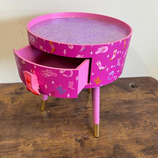 Hot Pink Pony Club Western round bedside table. Fun Bright Home Cowboy Decor . Ideal for Nightstand side table.  glitter top, cowboy boot