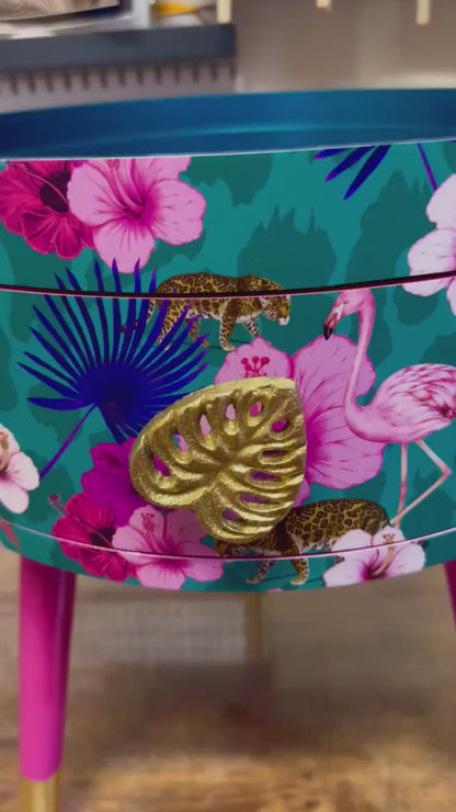 Flocking Fab - Aqua , Pink and Teal Blue tropical side table . Flamingo and leopard print nightstand , bedside table , flamingo and cheetah design end table
