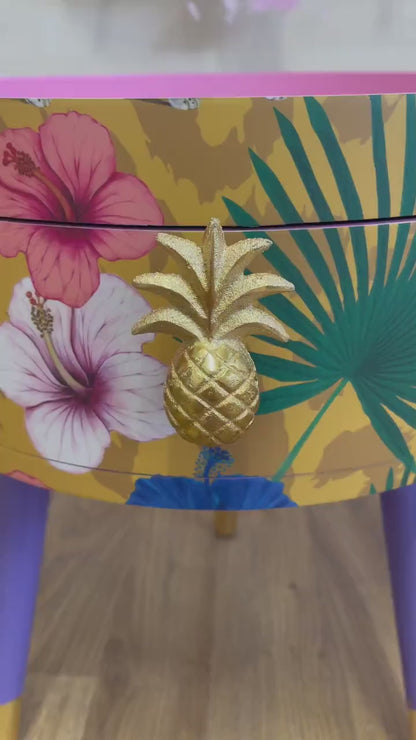 Flocking Fab - Yellow Round eclectic yellow nightstand with tropical design, mustard bedside table with built in drawer