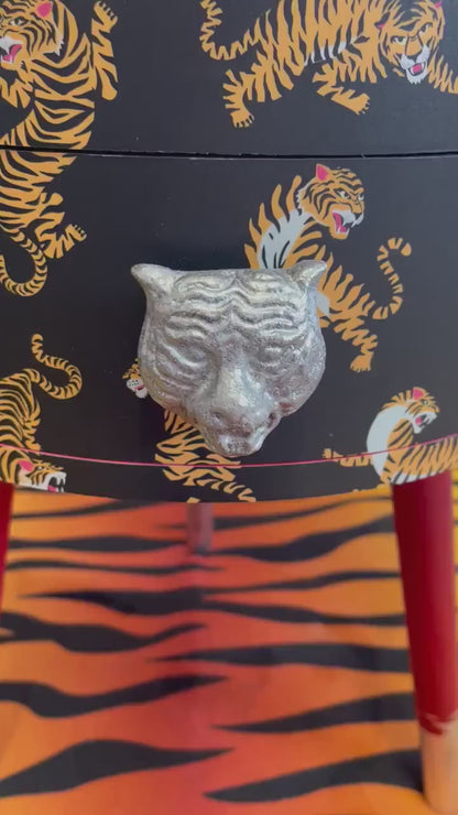 Tiger Table - Black and red nightstand with tiger design, Eclectic design, Fun Bright Home Decor. Side table with storage drawer