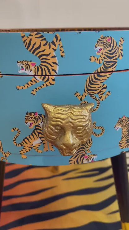 Tiger Table - Turquoise and orange tiger bedside table with gold handle . Ideal for nightstand or sidetable . Round table with drawer. Customisable