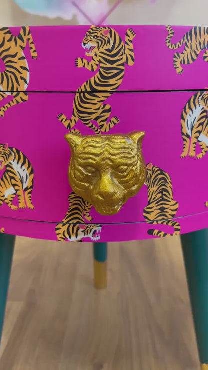 Tiger Table - Hot Pink round bedside table . Fun Bright Home Decor . Ideal for Nightstand or side table. Comes with inbuilt drawer